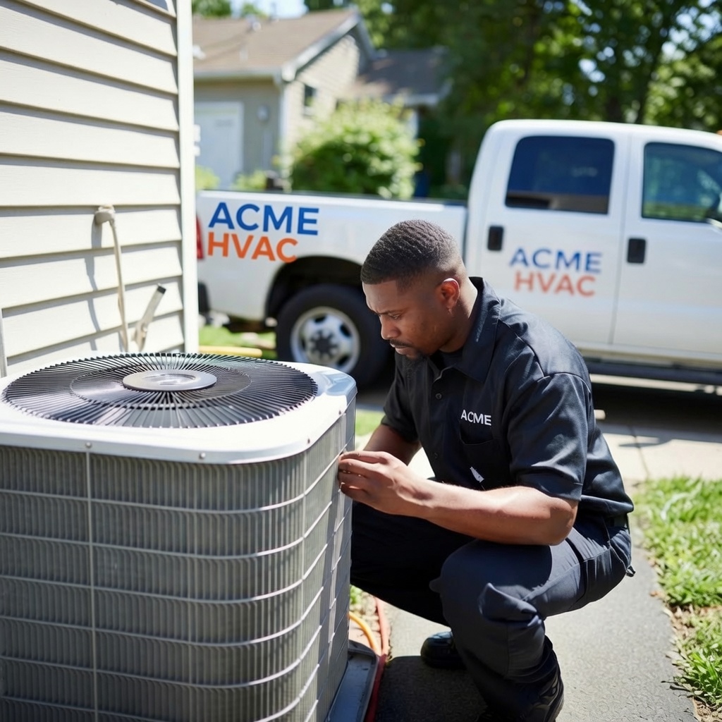 An HVAC technician servicing a condenser unit next to his Acme HVAC work truck